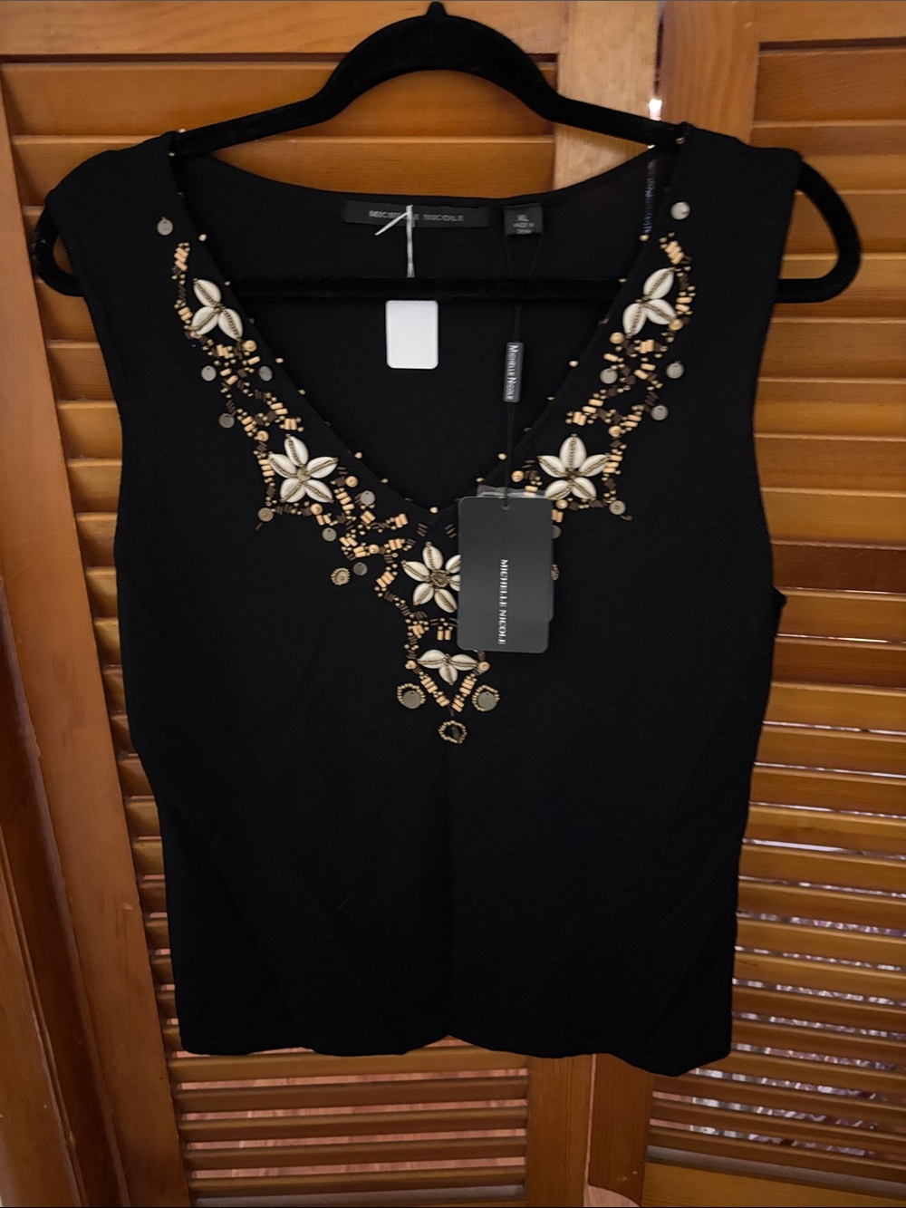 Michelle Nicole Black V-Neck Tank with Gold & Cream Floral Beading